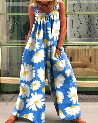 Retro Colorful Multiflora Print Casual Loose Jumpsuit