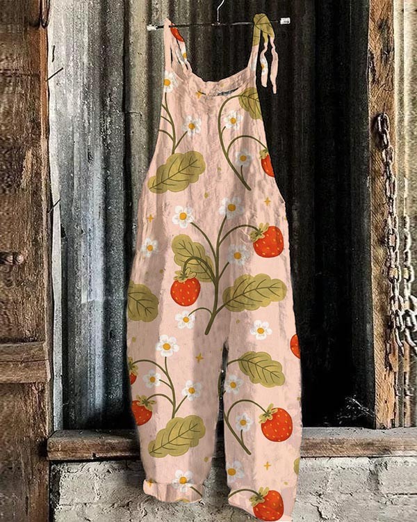 Cute Strawberry Floral Loose Casual Jumpsuit
