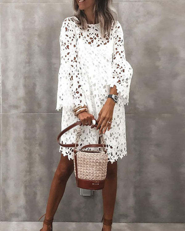 Women's Sheath Dress Long Sleeve Solid Color Lace Hollow Dress