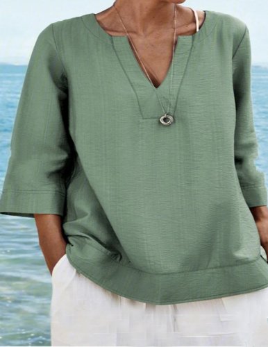 Women's Vintage Solid Cotton Linen V-neck Shirt