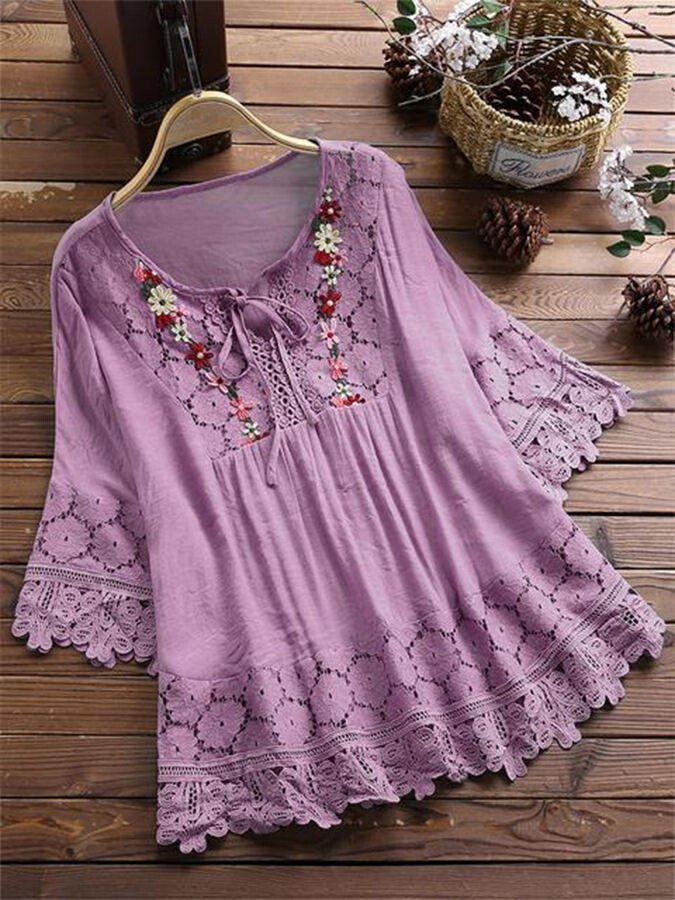 Women's V-Neck Lace Embroidered Shirt