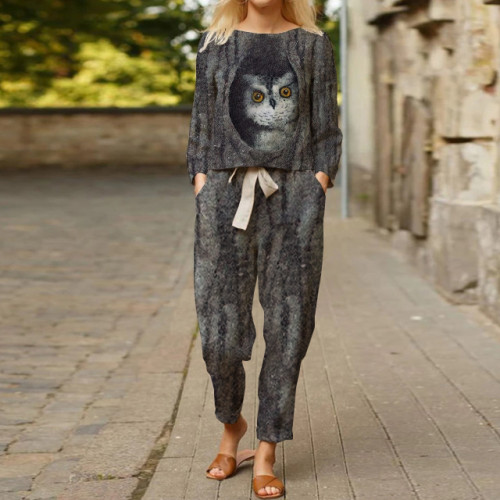 Women's Owl Printed Top Tie Trousers Suit