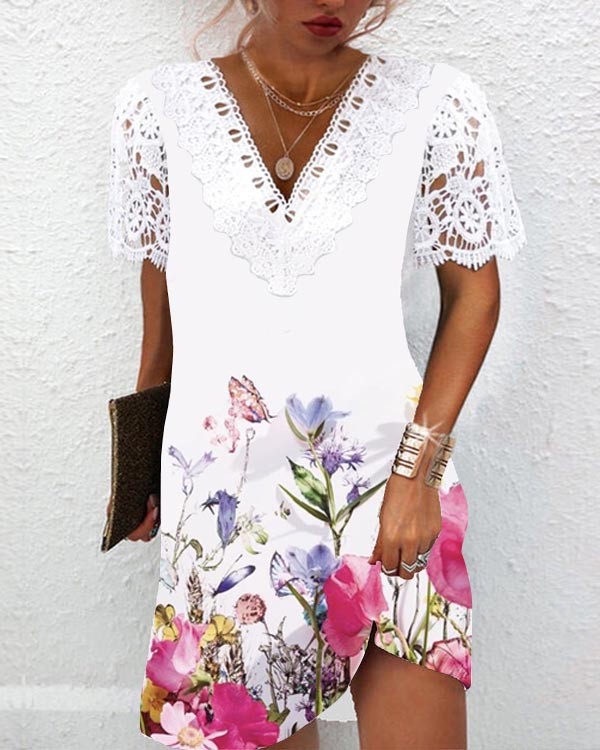 Casual Lace V-Neck Floral Dress
