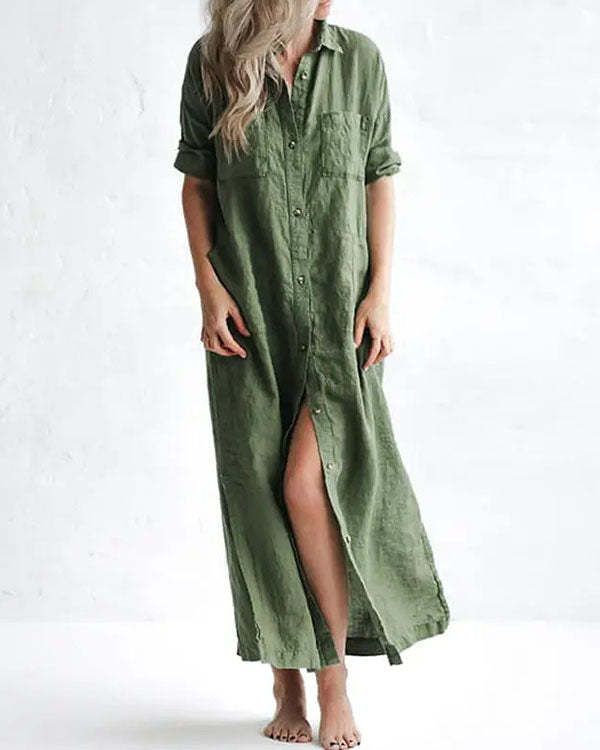 Casual Green Solid Linen Button up Shirt Dresses