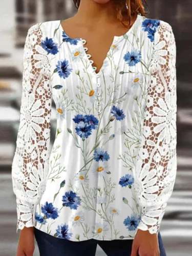 Casual Floral-Print Paneled Lace Long-Sleeved Top