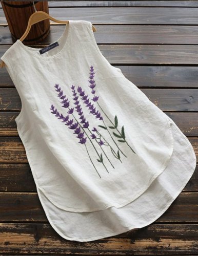Women's Embroidered Sleeveless Round Neck Cotton Linen T-shirt