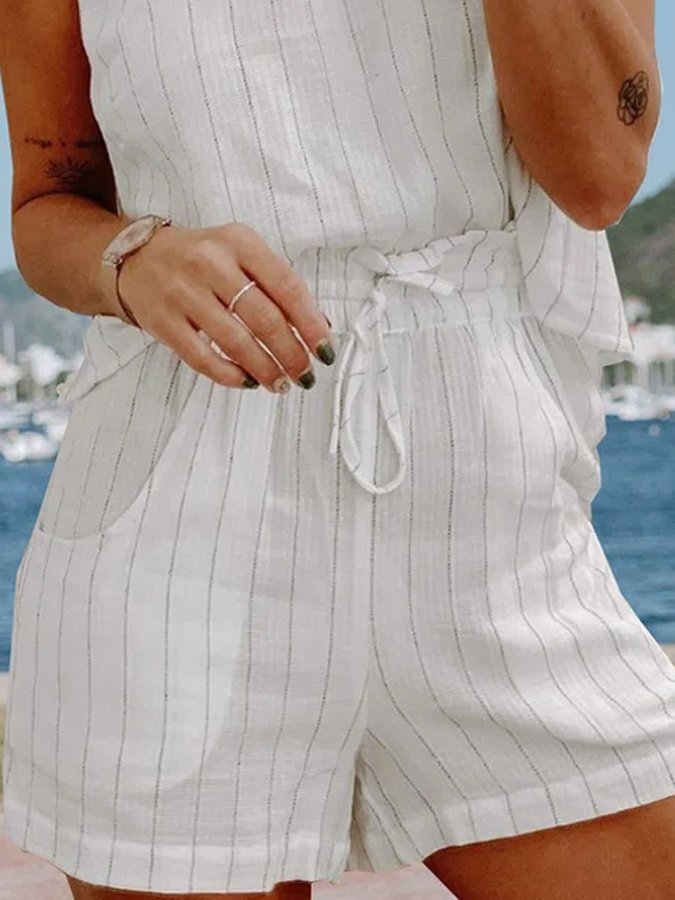 Women's Casual Striped Cotton Linen Shorts Set