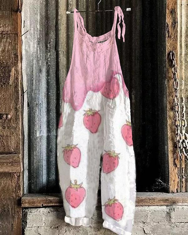Cute Pink Strawberry Loose Casual Jumpsuit