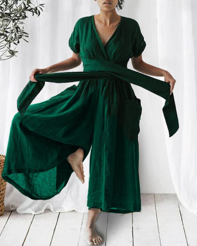 Solid Linen Relaxed Loose Tie Jumpsuit (Green In Stock)