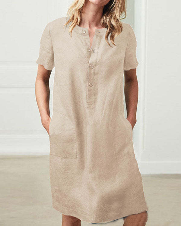 Short Sleeve Button Linen Dresses