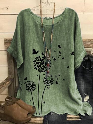Women's Dandelion Butterfly Print Casual Cotton Shirt