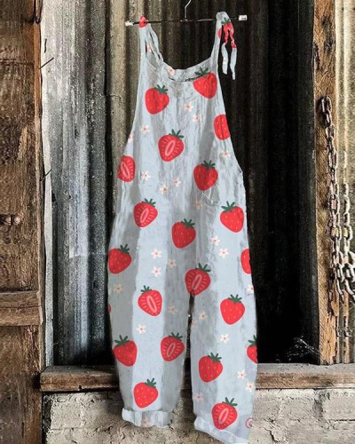 Cute Strawberry Floral Loose Casual Jumpsuit