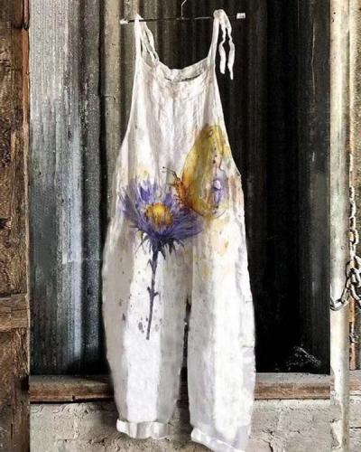 Women Butterfly&Flower Comfy Linen Jumpsuits