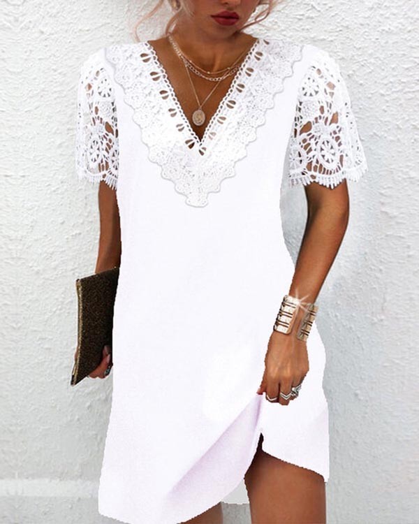 Solid Lace V-Neck Knit Dress