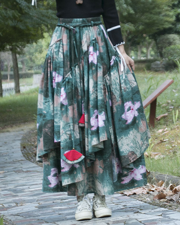 Ethnic Elastic Waist Irregular Linen Printed Skirt