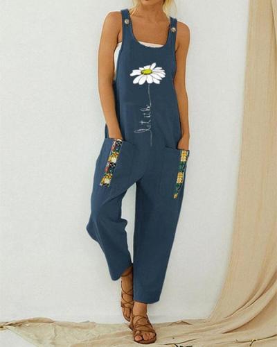 Floral Printed Straps Patchwork Vintage Jumpsuit With Pocket