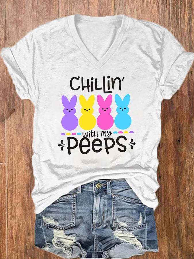Women's Chillin With My Peeps Print V-Neck Casual T-Shirt