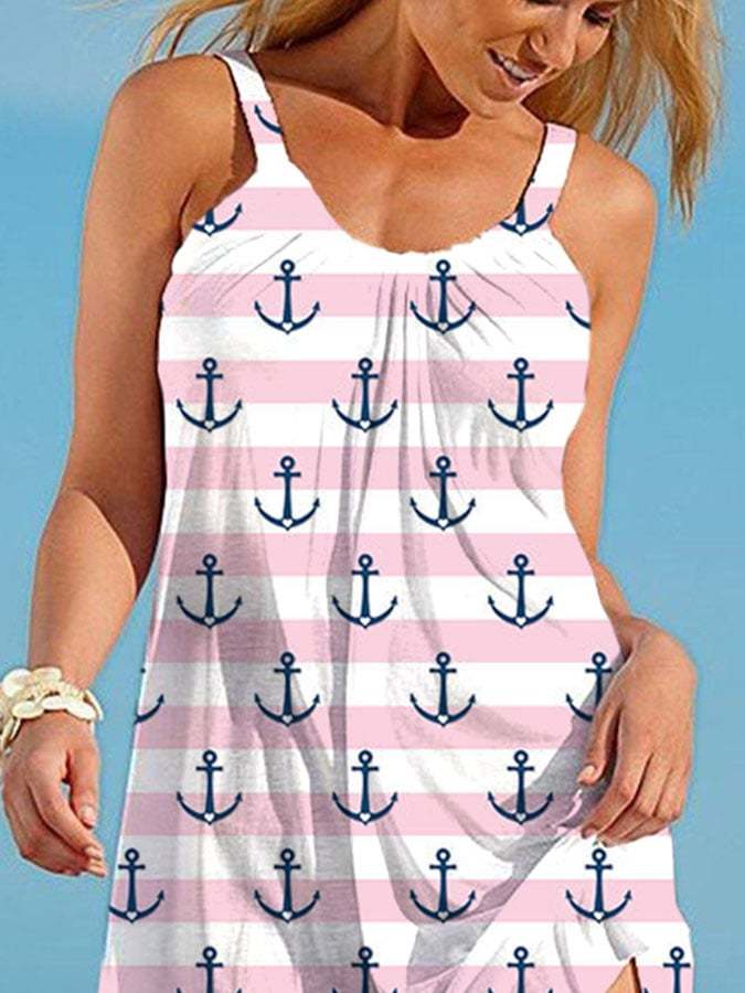 Vacation Anchor Stripe Print Slip Dress