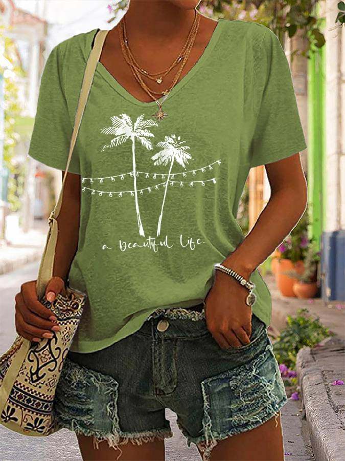 Women's A Beautiful Life Palm Trees V-Neck Tee