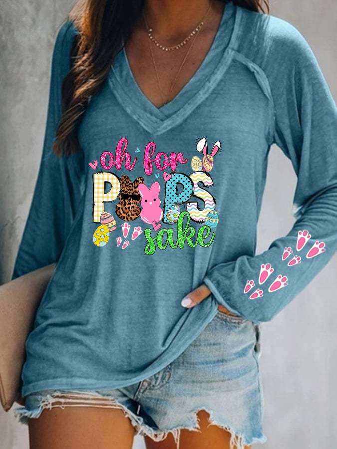 Women's Easter Colorful Sugar Bunny Casual V-Neck Long-Sleeve T-Shirt