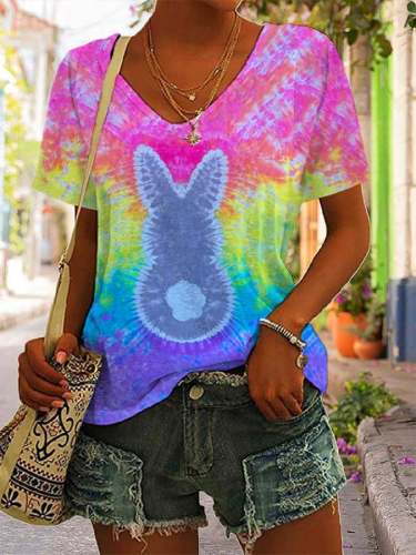 Women's Easter Bunny Print Tie-Dye V-Neck T-Shirt