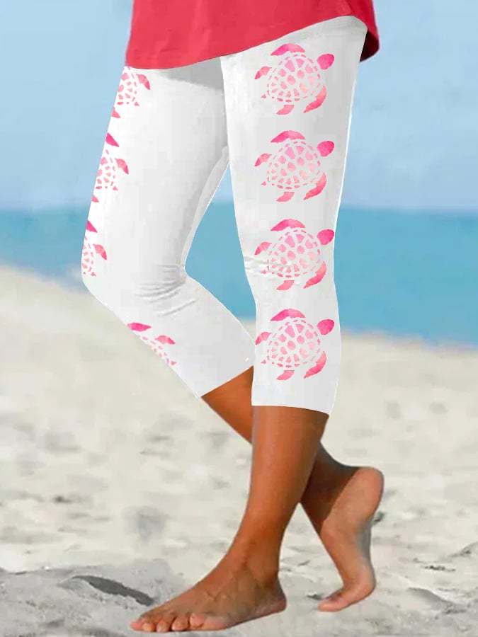 Women's Pink Sea Turtle Print Cropped Leggings