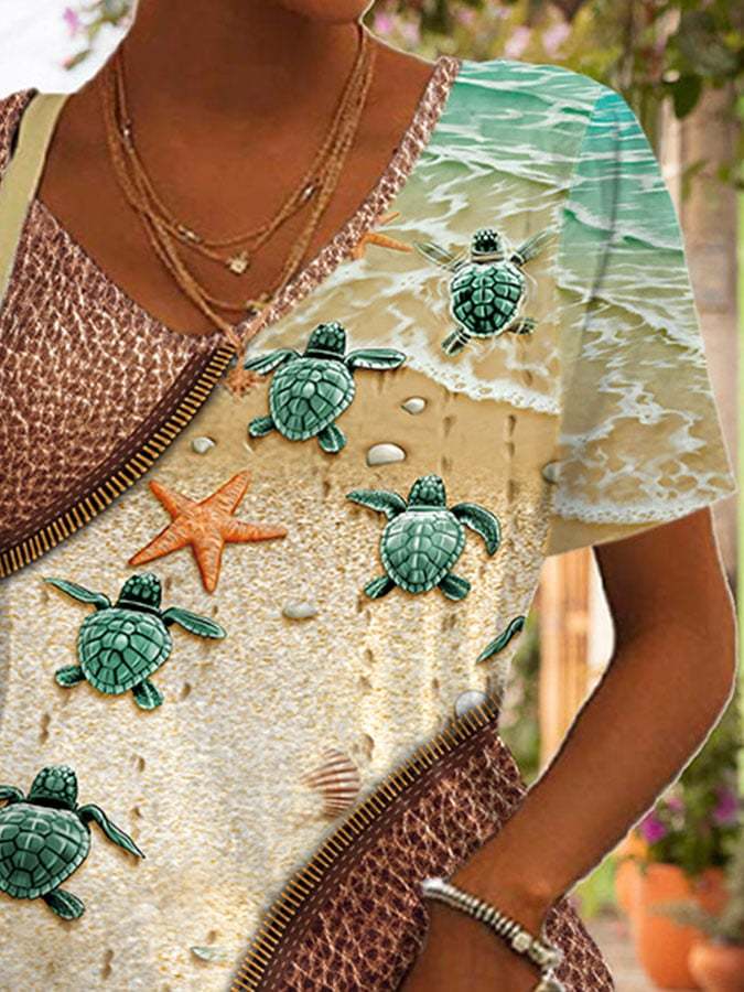 V-neck Vacation Sea Turtle Zipper Print T-Shirt