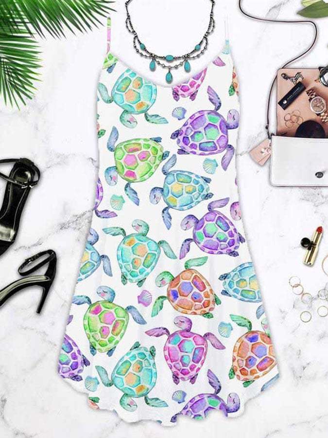 Vacation Watercolor Sea Turtle Print Slip Dress Print Dress