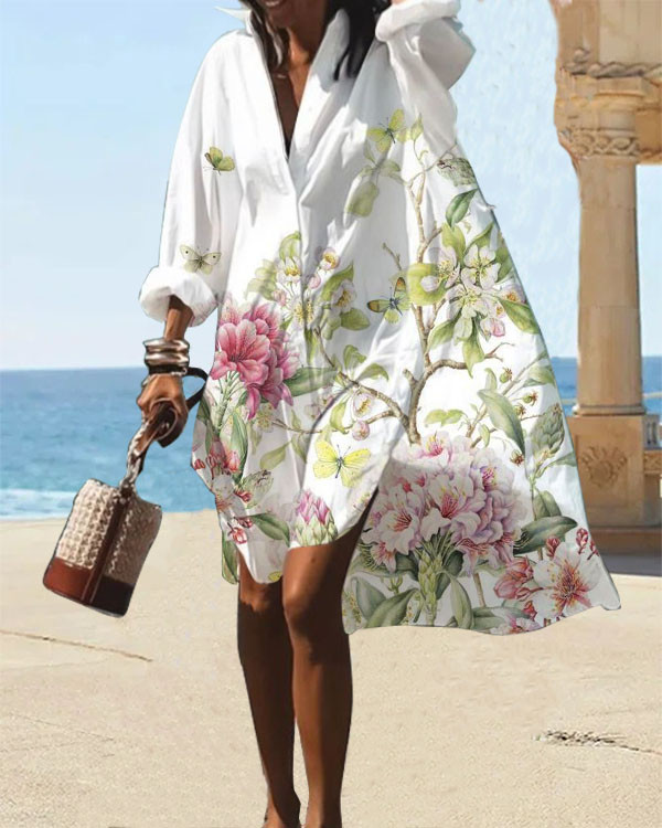 Casual Holiday Floral Shirt Dress