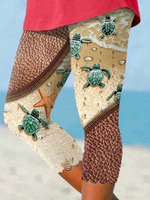 Sea Turtle Zipper Wavy Side Print Leggings