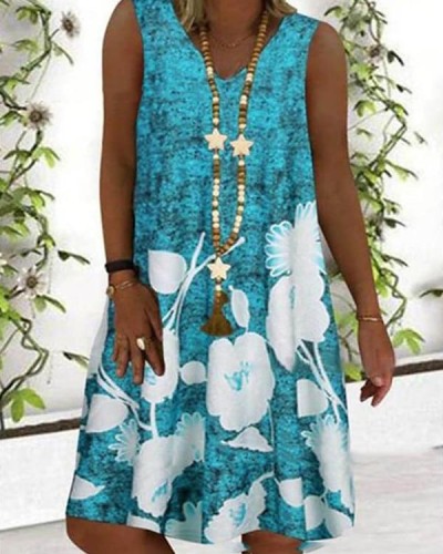 Casual Straight Sleeveless V-Neck Floral Dress