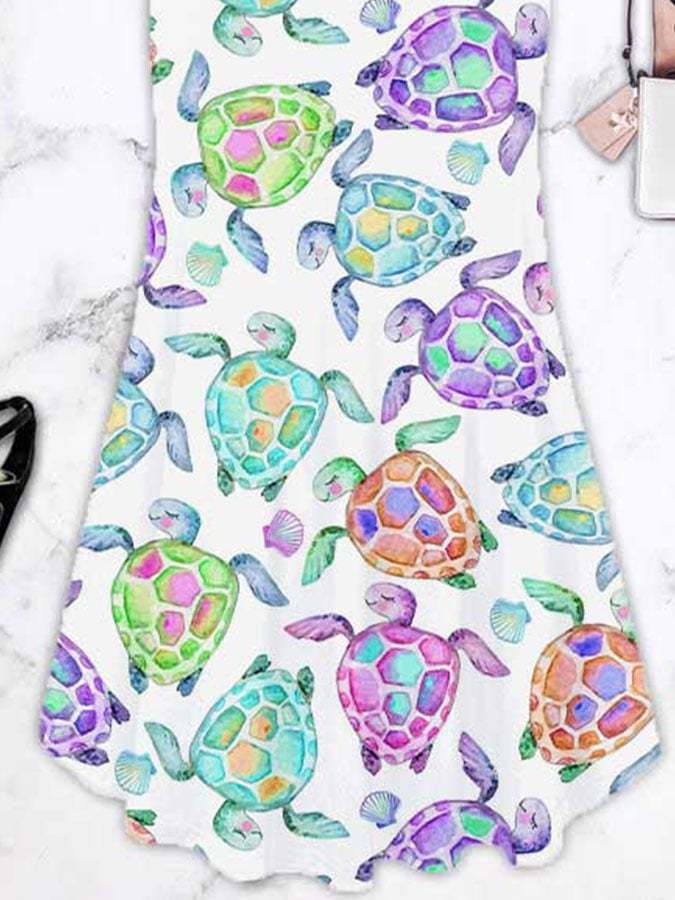 Vacation Watercolor Sea Turtle Print Slip Dress Print Dress