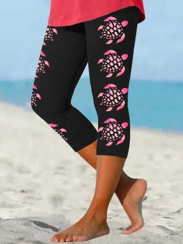 Women's Pink Sea Turtle Print Cropped Leggings