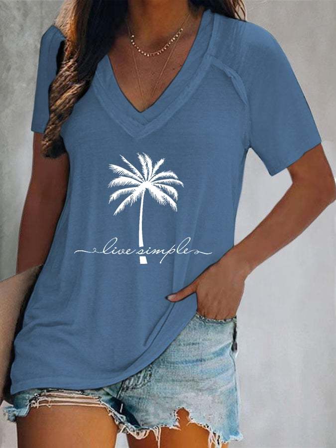 Women's V Neck Coconut Tree Print Short Sleeve T-Shirt