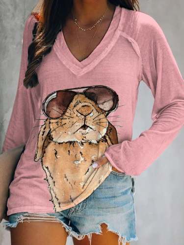 Women's Cute Pink Bunny Print Long-Sleeve T-Shirt