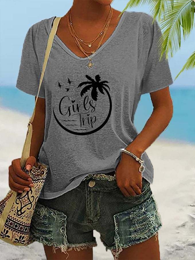 Women's Beach Vibes Girl's Trip Palm Coconut Tree Print V-Neck T-Shirt