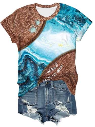 Vacation Vintage Sea Turtle Zipper Print T-Shirt