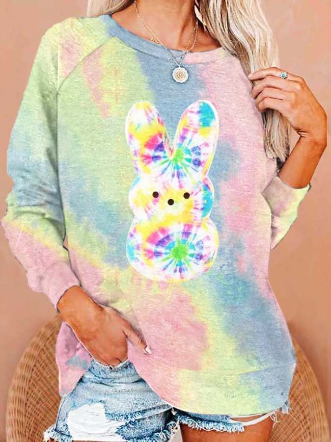 Women's Easter Colorful Tie-dye Bunny Print Sweatshirt