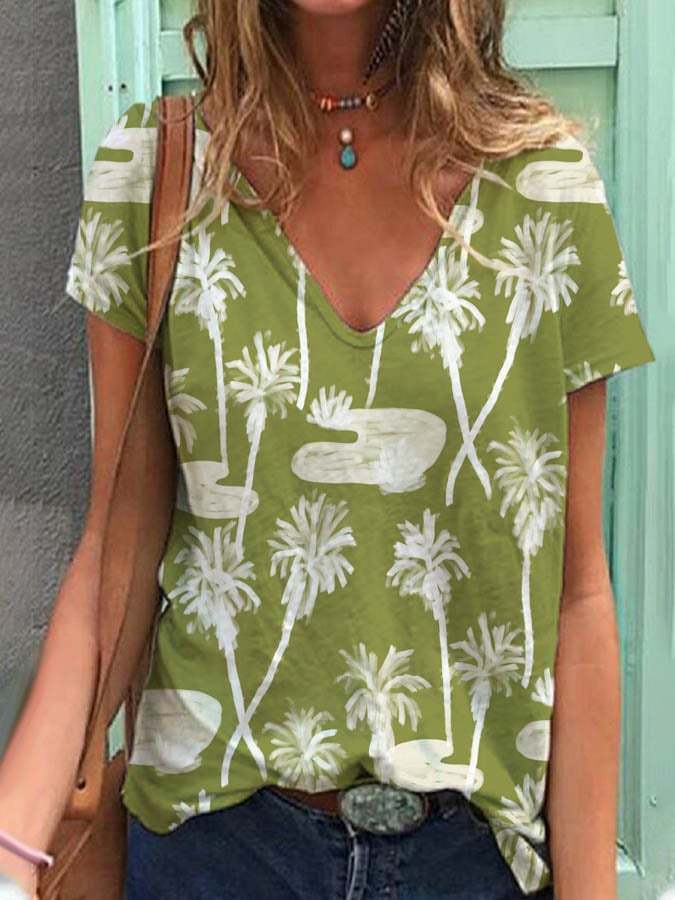 Women's V-neck Coconut Tree Print Short Sleeve T-Shirt