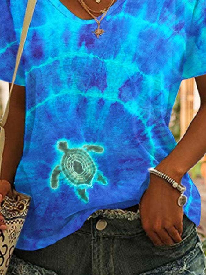 V-neck Tie Dye Sea Turtle Print T-Shirt