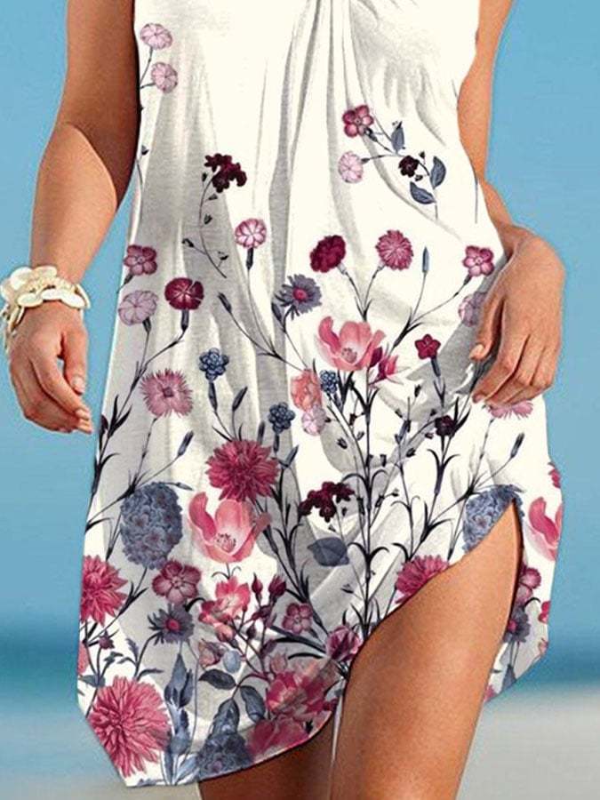 Vacation Flowers Stripe Print Slip Dress