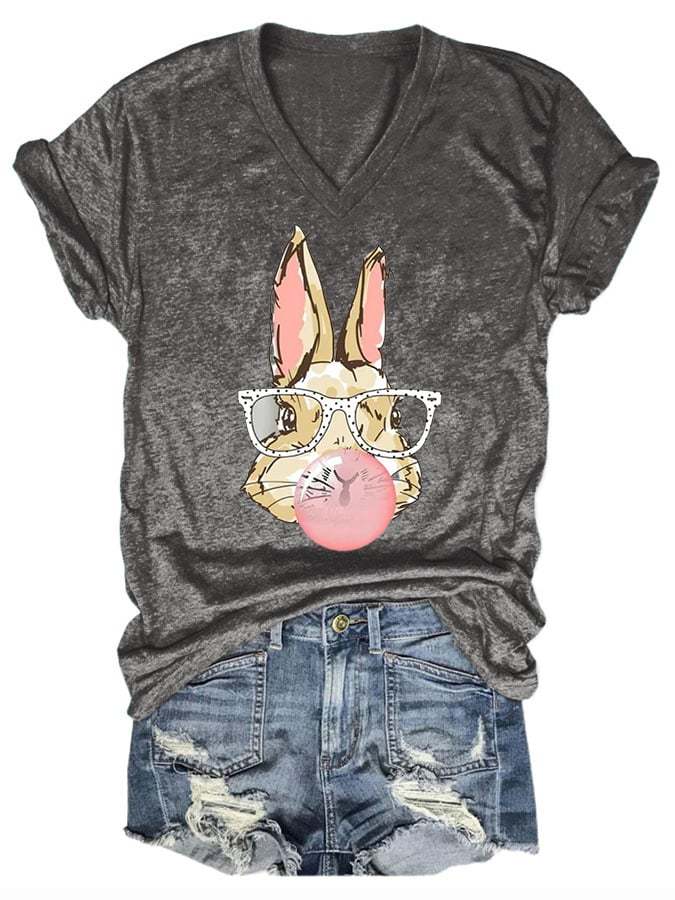 Bunny Blowing Bubbles Print Casual T-Shirt