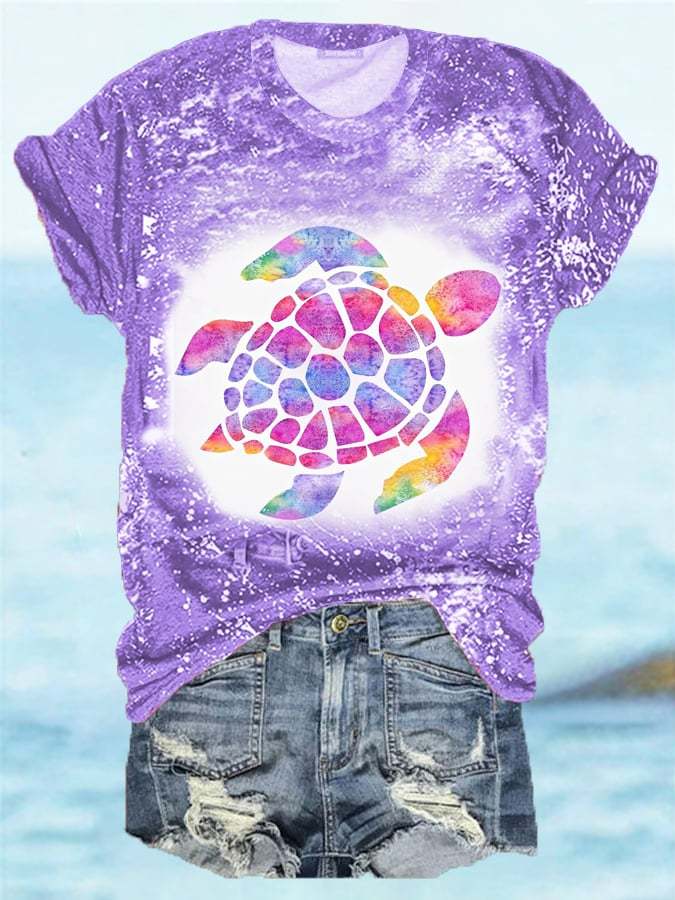Women's Water Color Sea Turtle Bleach Print Tee