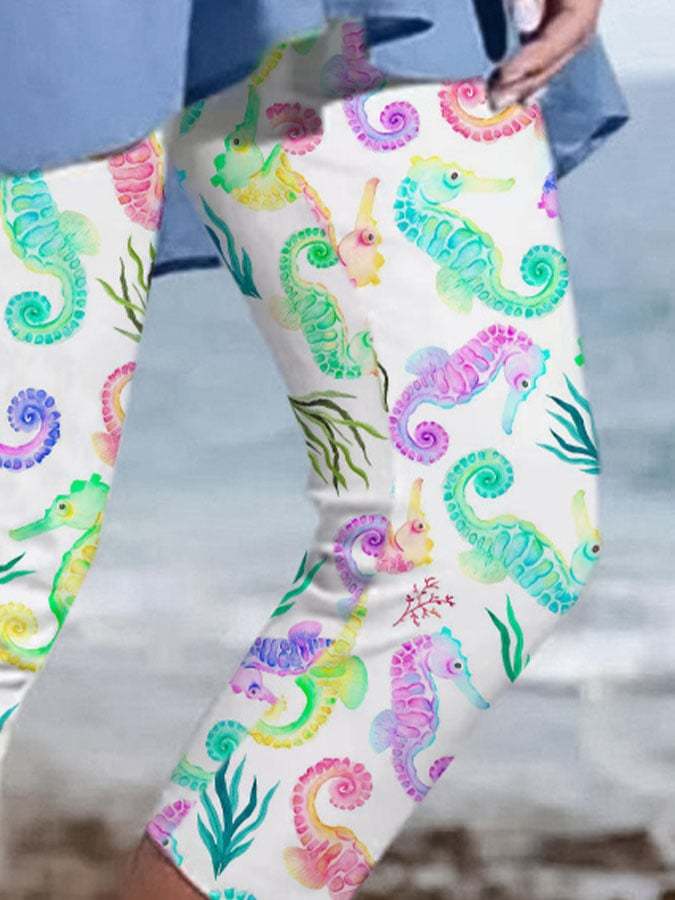 Vacation Colorful Seahorse Print Leggings