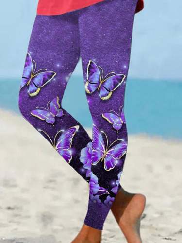 Vacation Purple Butterfly Flower Print Leggings