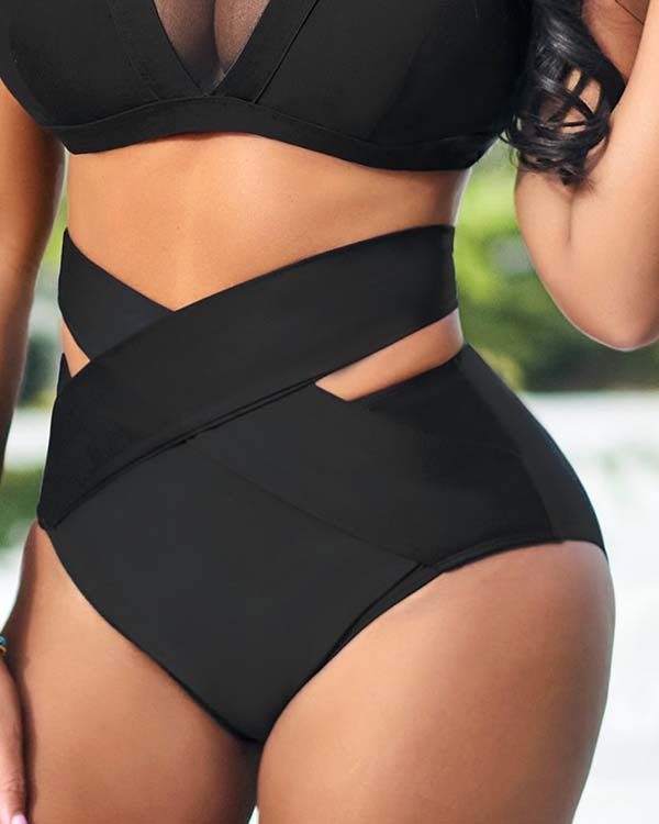 Transparent Mesh Panel Black Bikini Beach Swimsuit