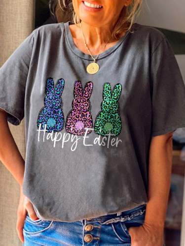 Leopard Bunny Happy Easter Print T-Shirt