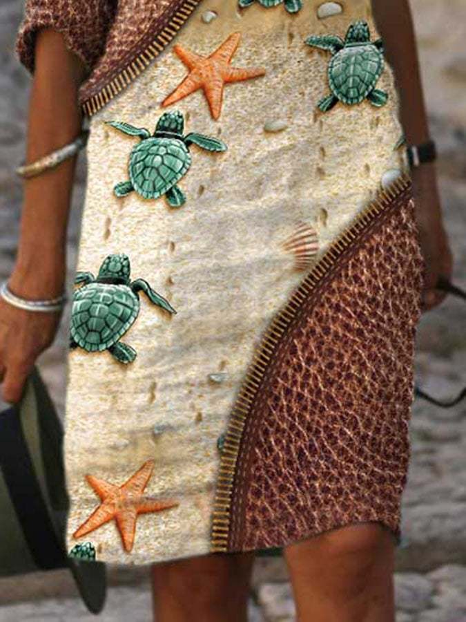 V-neck Vacation Sea Turtle Zipper Print Dress