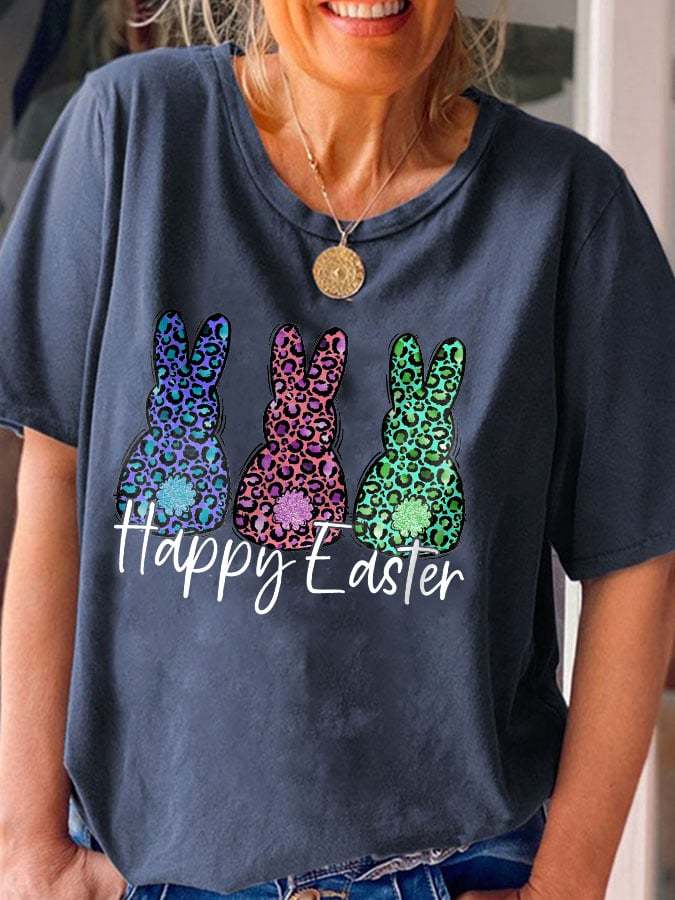 Leopard Bunny Happy Easter Print T-Shirt