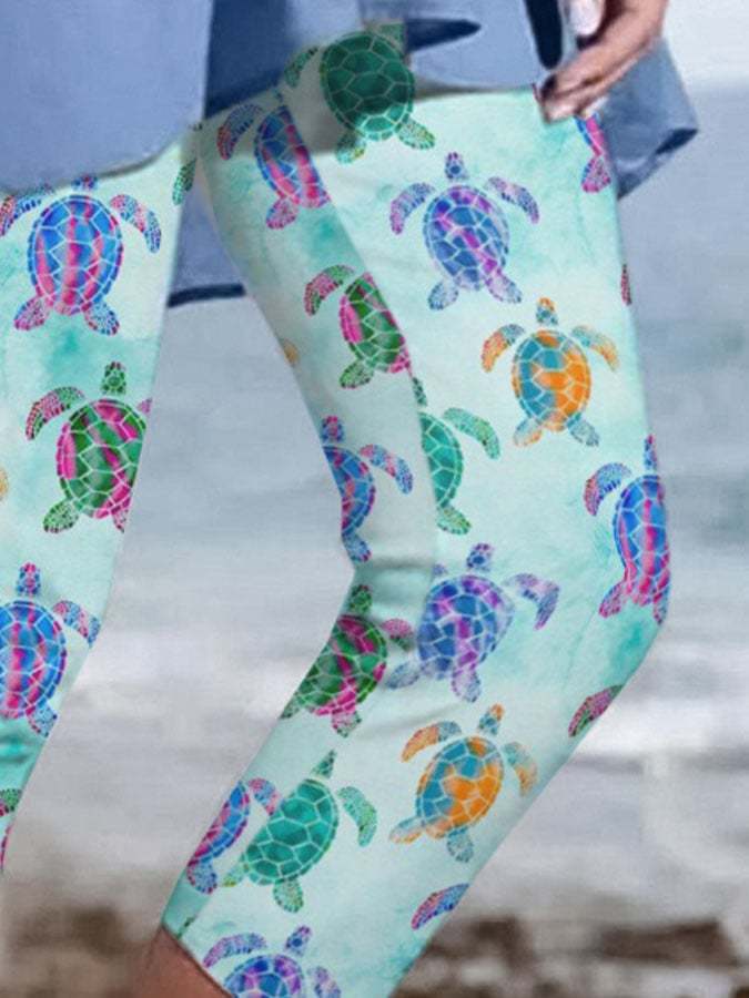 Vacation Colorful Sea Turtle Print Leggings